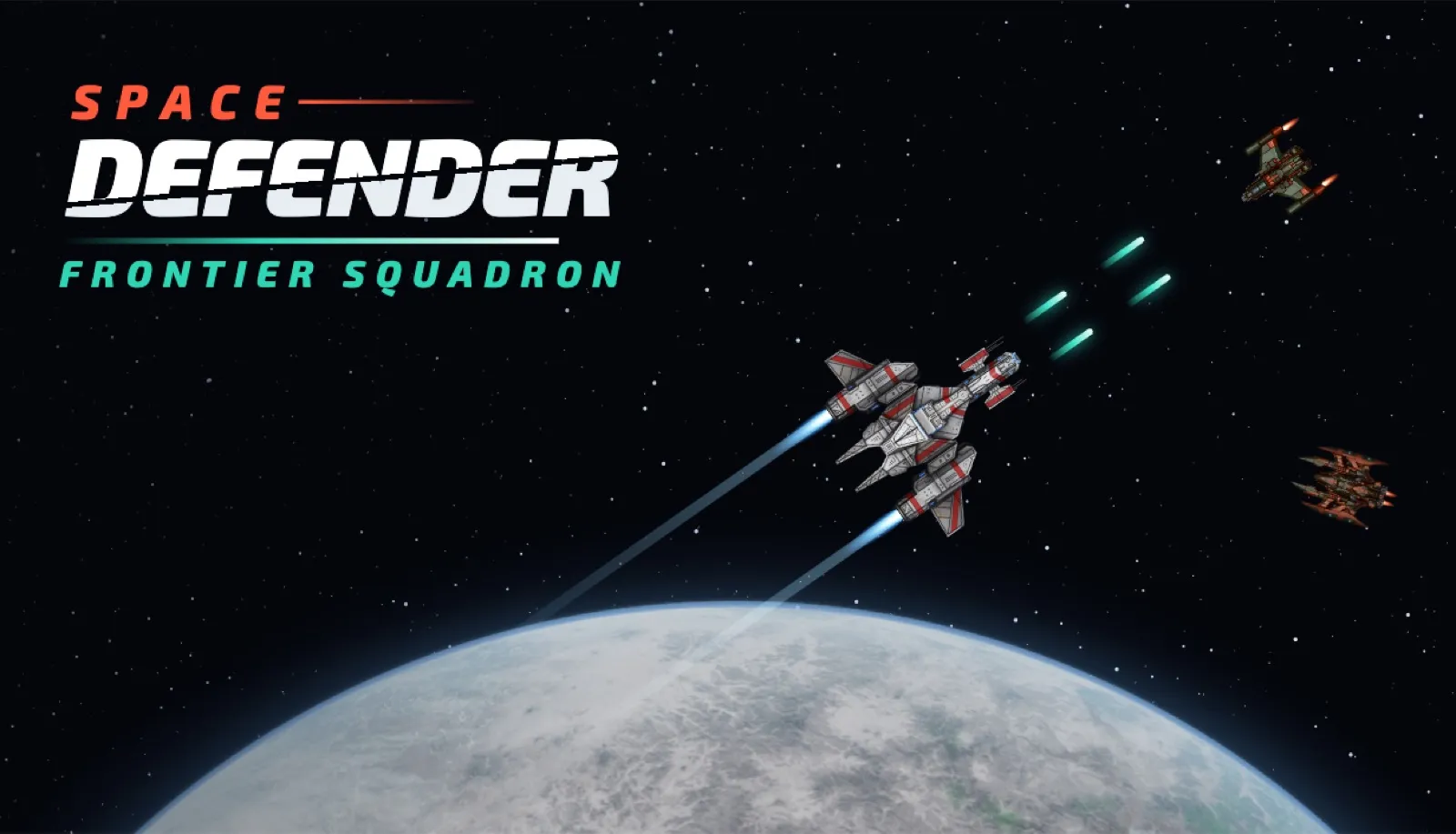 Visuel de Space Defender : un vaisseau file au-dessus d’une planète, poursuivi par deux Drones